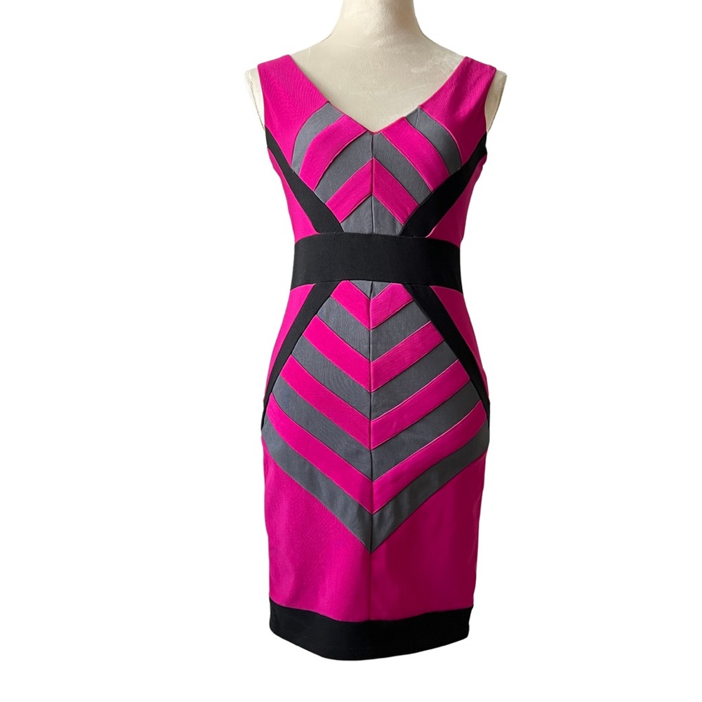 JFW Black & Pink V-Neck Geometric Bodycon Midi Sheath Dress for Women Small